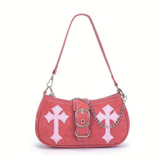 Pink Y2K Crescent Underarm Bag Punk Rock Shoulder Bag Cross Decor Handbag