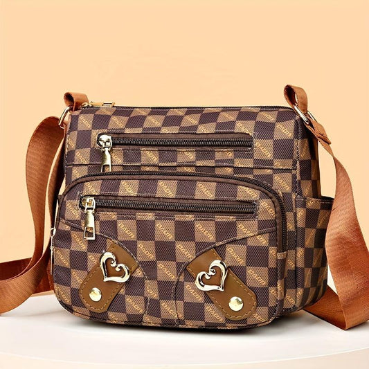 Plaid Pattern Crossbody Bag Women's Pockets Purse Heart Decor