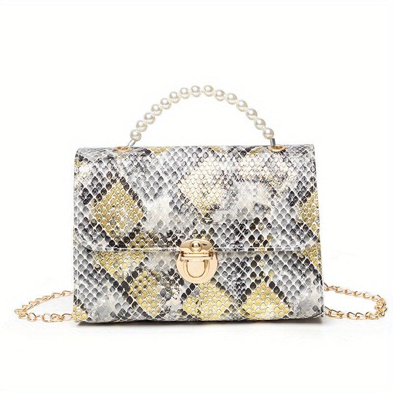 Snake Skin Pattern Shoulder Bag with Bead Handle