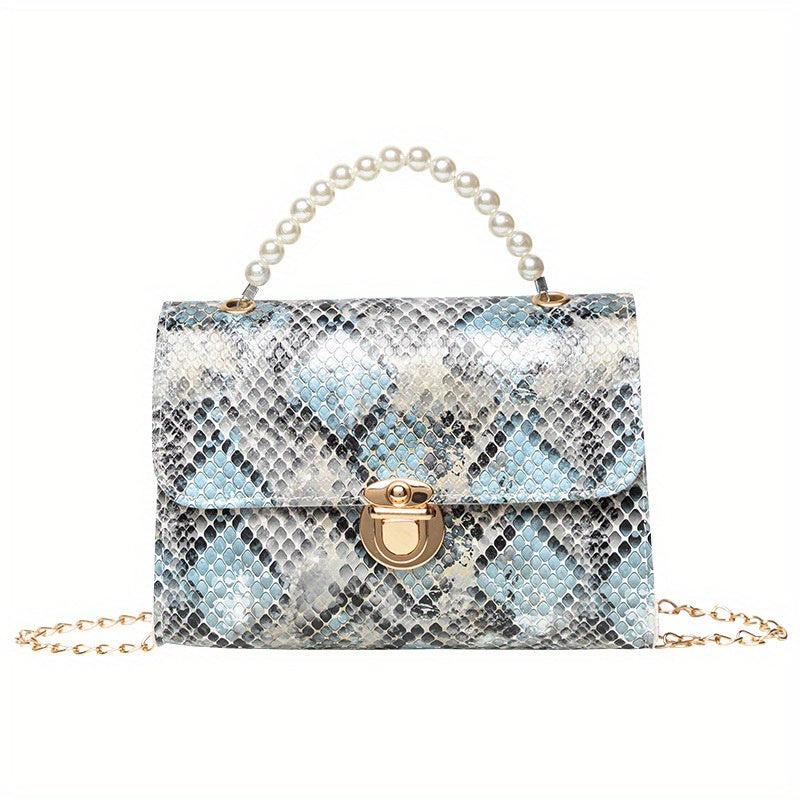 Snake Skin Pattern Shoulder Bag with Bead Handle