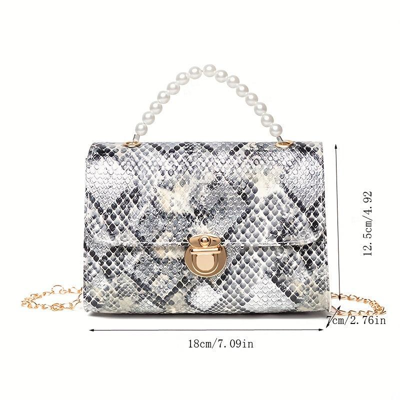 Snake Skin Pattern Shoulder Bag with Bead Handle
