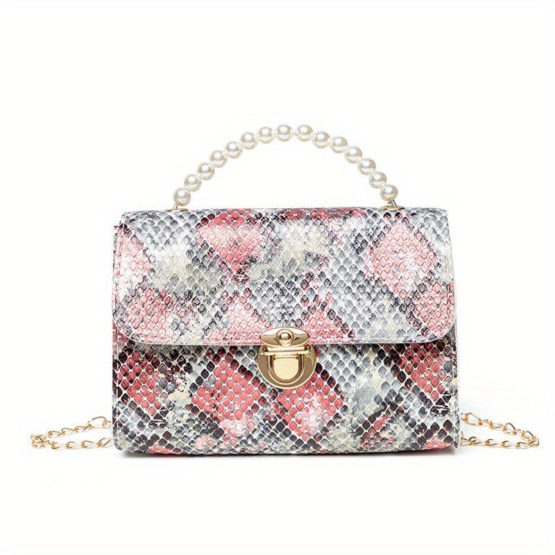 Snake Skin Pattern Shoulder Bag with Bead Handle