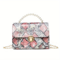 Snake Skin Pattern Shoulder Bag with Bead Handle