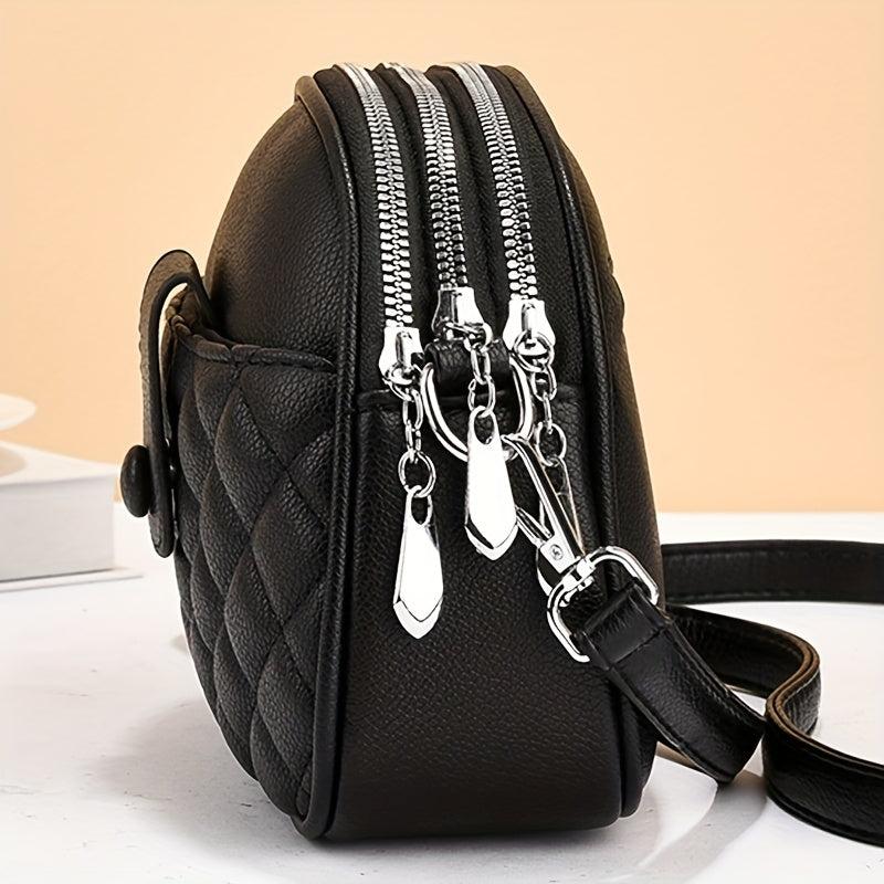 Quilted Crossbody Bag Women's PU Leather Shoulder Bag Round Pockets