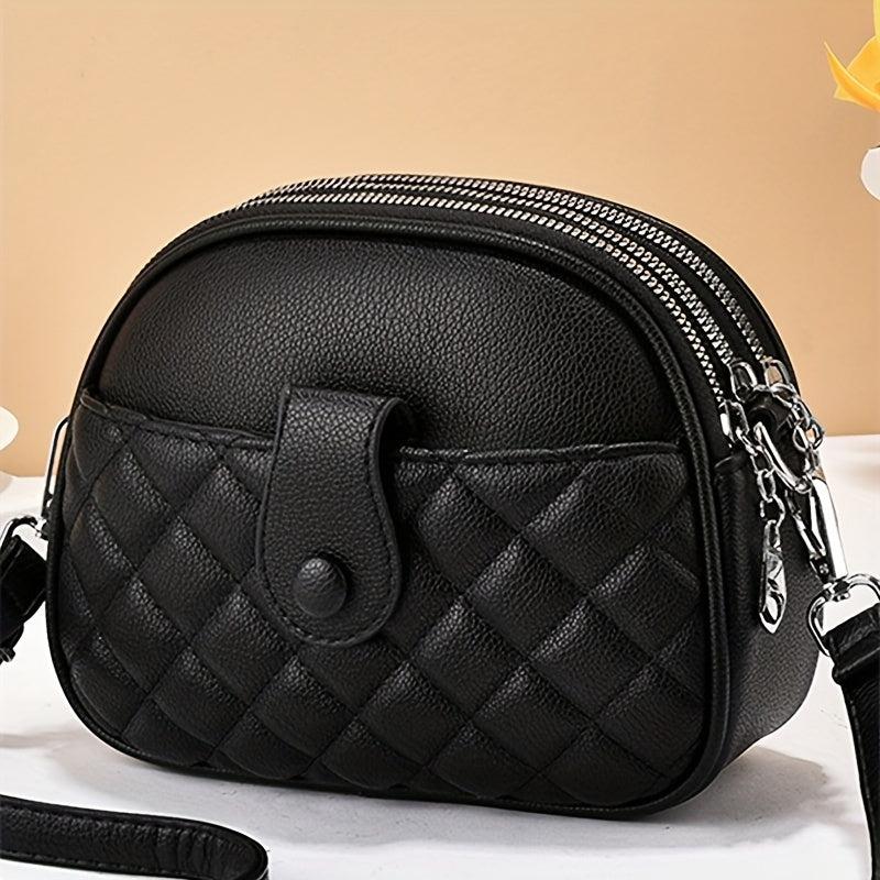 Quilted Crossbody Bag Women's PU Leather Shoulder Bag Round Pockets