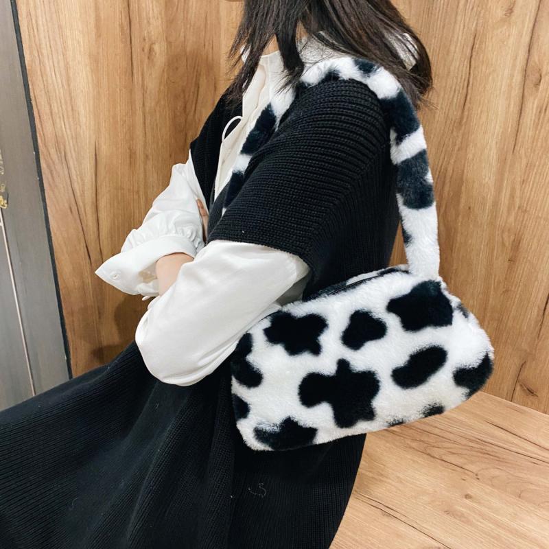 Leopard Cow Pattern Plush Bag Women's Shoulder Bag For Shopping