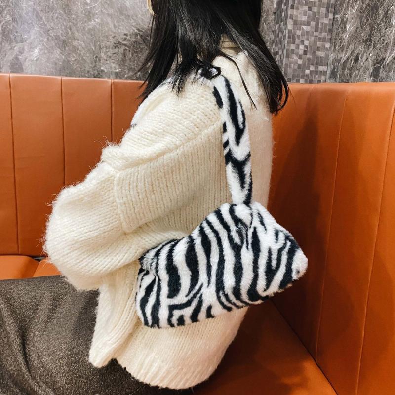 Leopard Cow Pattern Plush Bag Women's Shoulder Bag For Shopping
