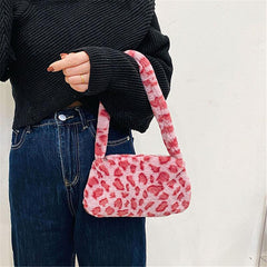 Leopard Cow Pattern Plush Bag Women's Shoulder Bag For Shopping