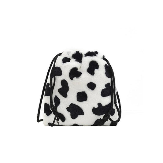 Cow Pattern Fluffy Bucket Bag Drawstring Small Crossbody Coin Purse
