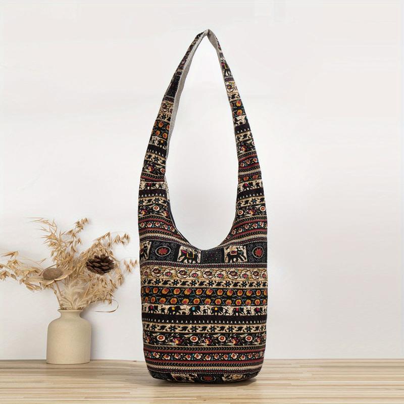 Boho Fabric Crossbody Bag Geometric Pattern Hippie Hobo Bag