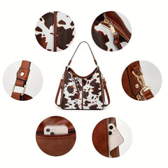 Cow Pattern Shoulder Bag Set With Tassel Crossbody Bag