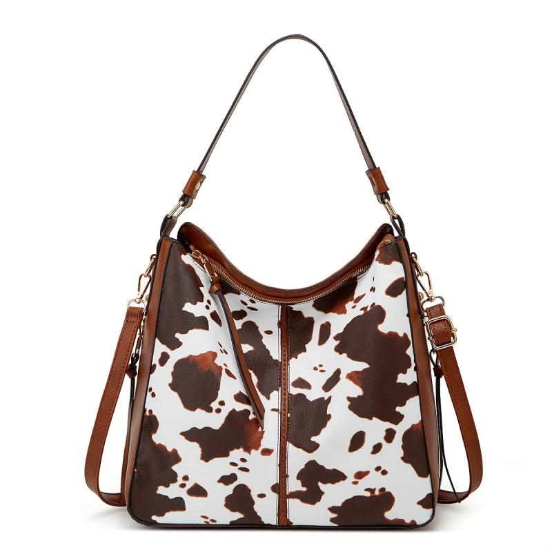 Cow Pattern Shoulder Bag Set With Tassel Crossbody Bag