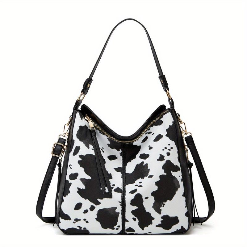 Cow Pattern Shoulder Bag Set With Tassel Crossbody Bag