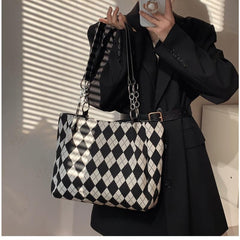 Large Capacity Shoulder Bag Colorblock Argyle Pattern Tote Bag