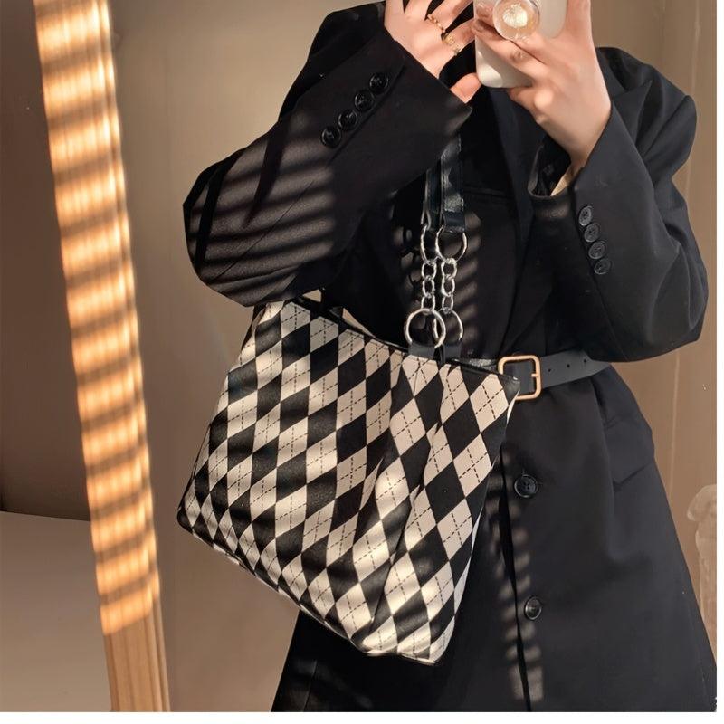 Large Capacity Shoulder Bag Colorblock Argyle Pattern Tote Bag