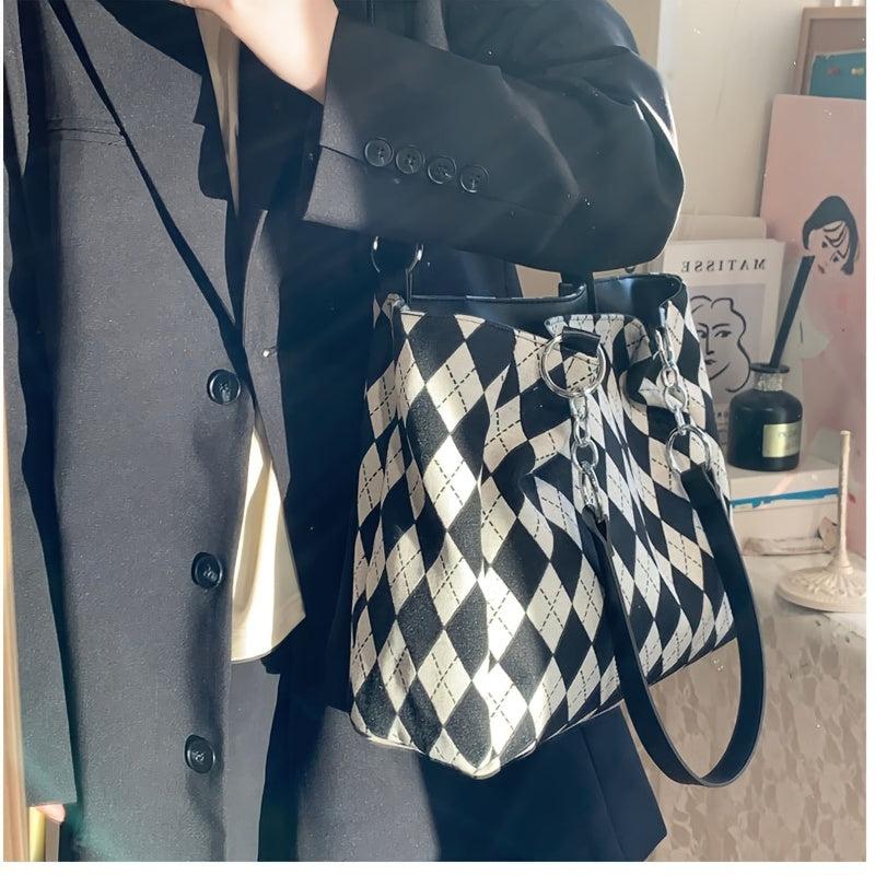 Large Capacity Shoulder Bag Colorblock Argyle Pattern Tote Bag