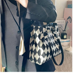 Large Capacity Shoulder Bag Colorblock Argyle Pattern Tote Bag