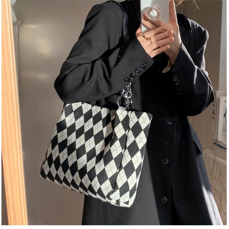 Large Capacity Shoulder Bag Colorblock Argyle Pattern Tote Bag