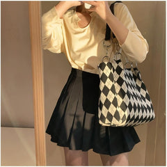Large Capacity Shoulder Bag Colorblock Argyle Pattern Tote Bag