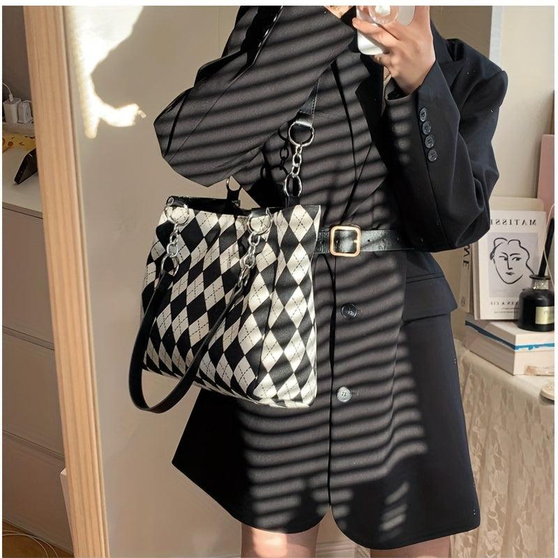Large Capacity Shoulder Bag Colorblock Argyle Pattern Tote Bag