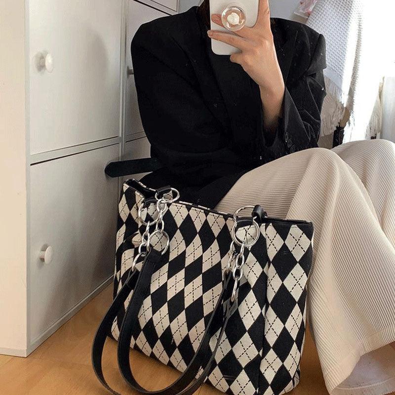 Large Capacity Shoulder Bag Colorblock Argyle Pattern Tote Bag