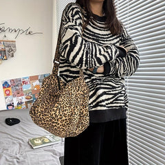 Leopard Pattern Crossbody Bag Vintage Canvas Shoulder Bag