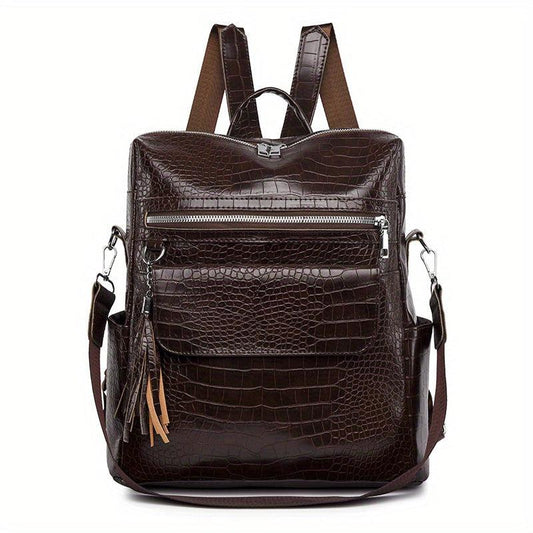 Crocodile Embossed Backpack Zipper Rucksack Classic Travel Daypack