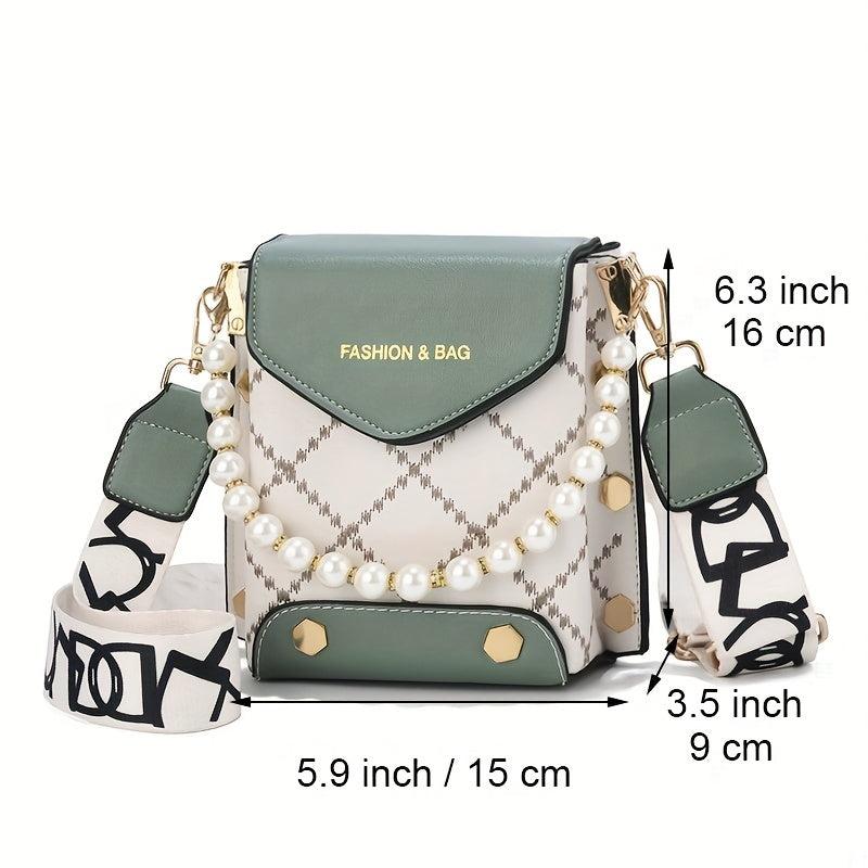 Stylish Argyle Embroidery Crossbody Bag with Studded Decor