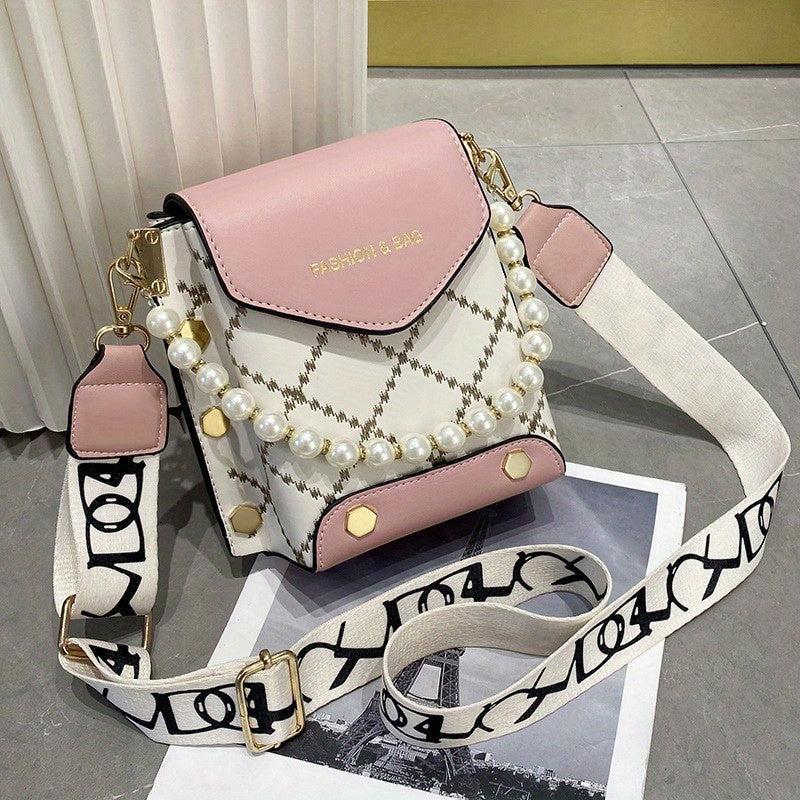 Stylish Argyle Embroidery Crossbody Bag with Studded Decor