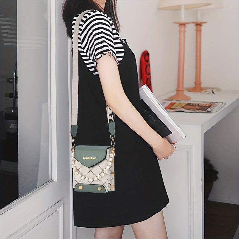 Stylish Argyle Embroidery Crossbody Bag with Studded Decor