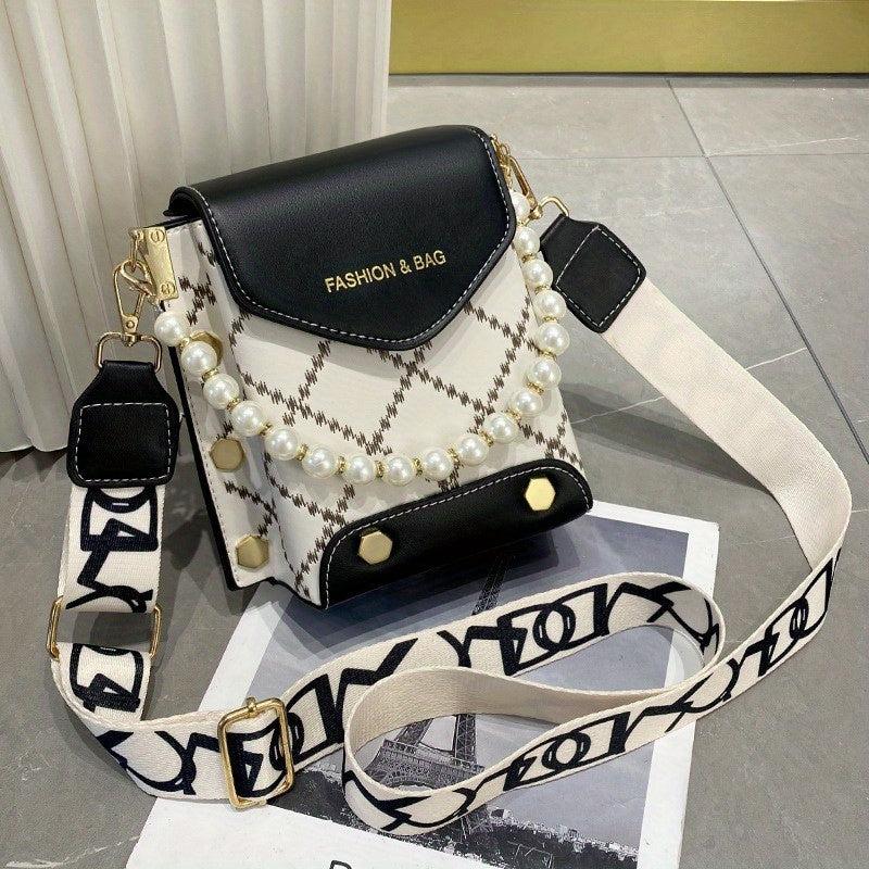 Stylish Argyle Embroidery Crossbody Bag with Studded Decor