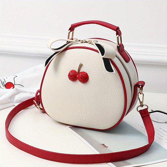 Mini Cherry Decor Crossbody Bag PU Leather Handbag Round Shoulder Purse