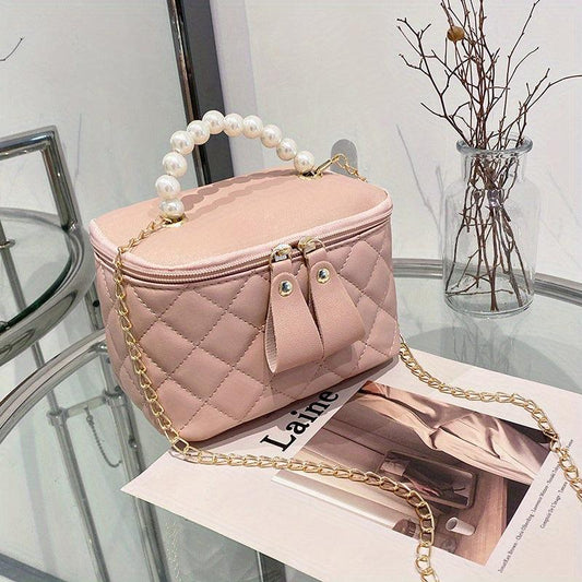 Rhombus Quilted Crossbody Bag Faux Pearl Stylish Purse & Bag