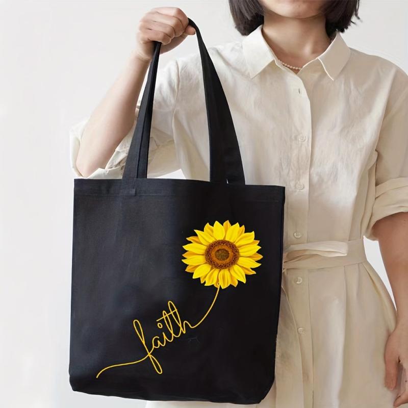Sunflower Pattern Canvas Tote Bag Large Capacity Lightweight Shoulder Bag