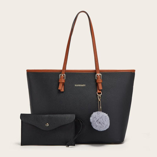 Casual Faux Leather Tote Bag with Pom Pom Decor