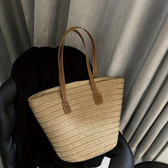 Straw Tote Bag with Double Handles Zipper French Style Beach Bag