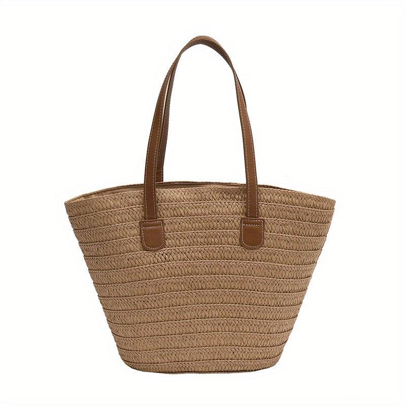 Straw Tote Bag with Double Handles Zipper French Style Beach Bag