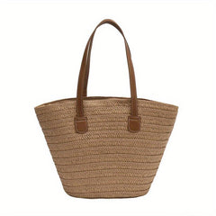 Straw Tote Bag with Double Handles Zipper French Style Beach Bag