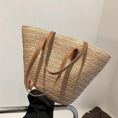 Straw Tote Bag with Double Handles Zipper French Style Beach Bag