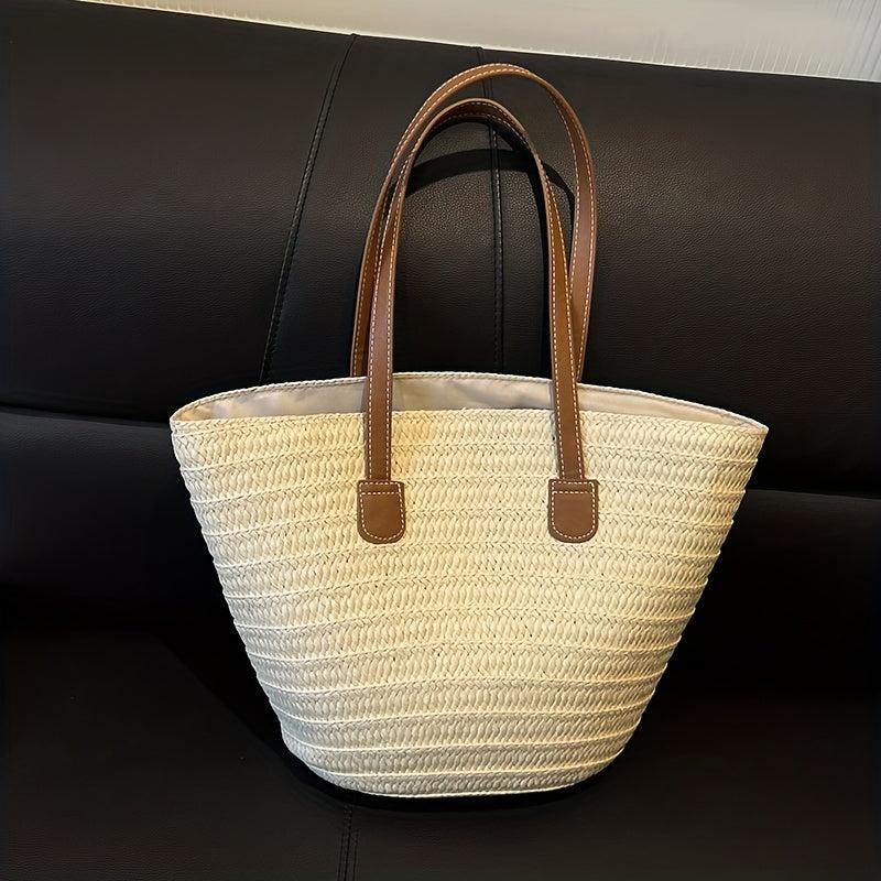 Straw Tote Bag with Double Handles Zipper French Style Beach Bag