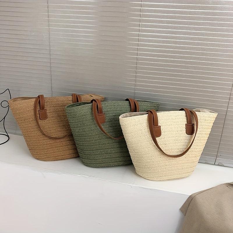 Straw Tote Bag with Double Handles Zipper French Style Beach Bag