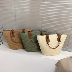 Straw Tote Bag with Double Handles Zipper French Style Beach Bag