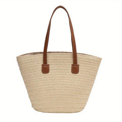 Straw Tote Bag with Double Handles Zipper French Style Beach Bag