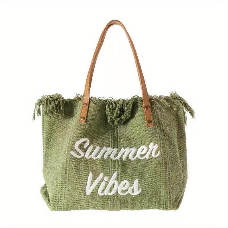 Letter Embroidery Tote Bag with Fringe Trim Canvas Handbag