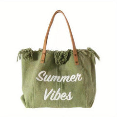 Letter Embroidery Tote Bag with Fringe Trim Canvas Handbag