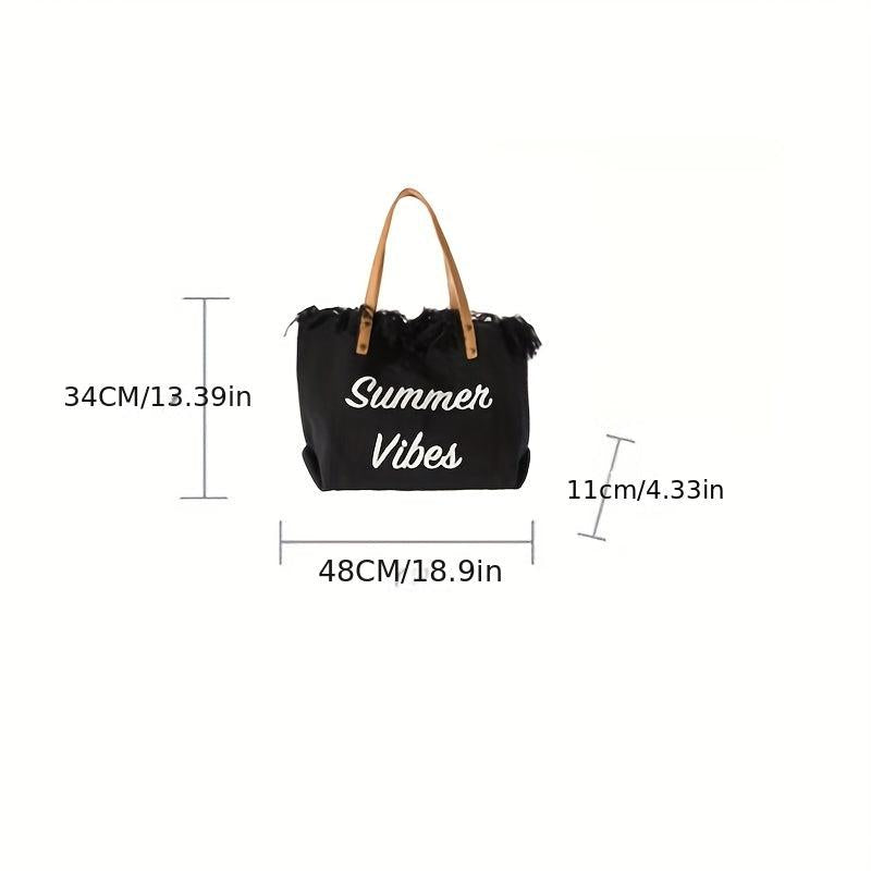 Letter Embroidery Tote Bag with Fringe Trim Canvas Handbag