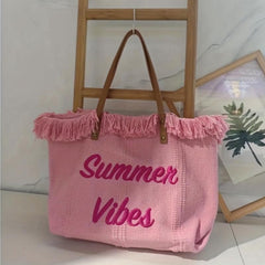 Letter Embroidery Tote Bag with Fringe Trim Canvas Handbag