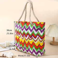 Striped Pattern Beach Bag Large Capacity Tote Bag Vacation Style Canvas