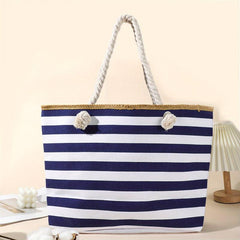 Striped Pattern Beach Bag Large Capacity Tote Bag Vacation Style Canvas