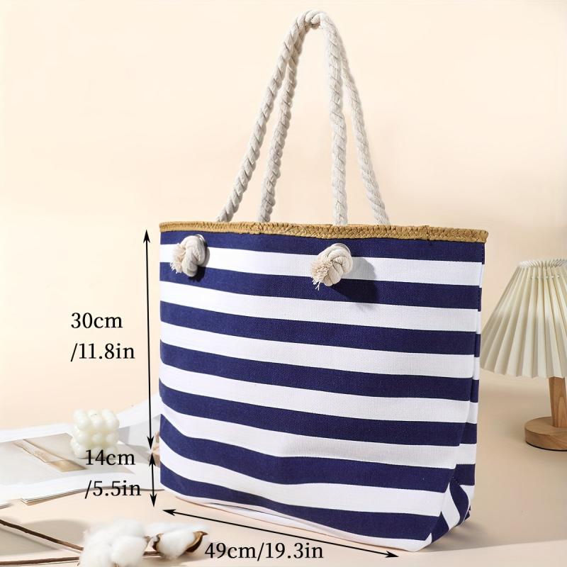 Striped Pattern Beach Bag Large Capacity Tote Bag Vacation Style Canvas